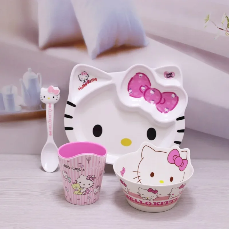 Sanurgente-Assiette à manger Hello Kitty, dessin animé Mininstants, bol rouge, tasse rose, cuillère, 4 grilles, ustensiles de cuisine, assiette à déjeuner pour enfants de la maternelle, ensemble de 4 pièces