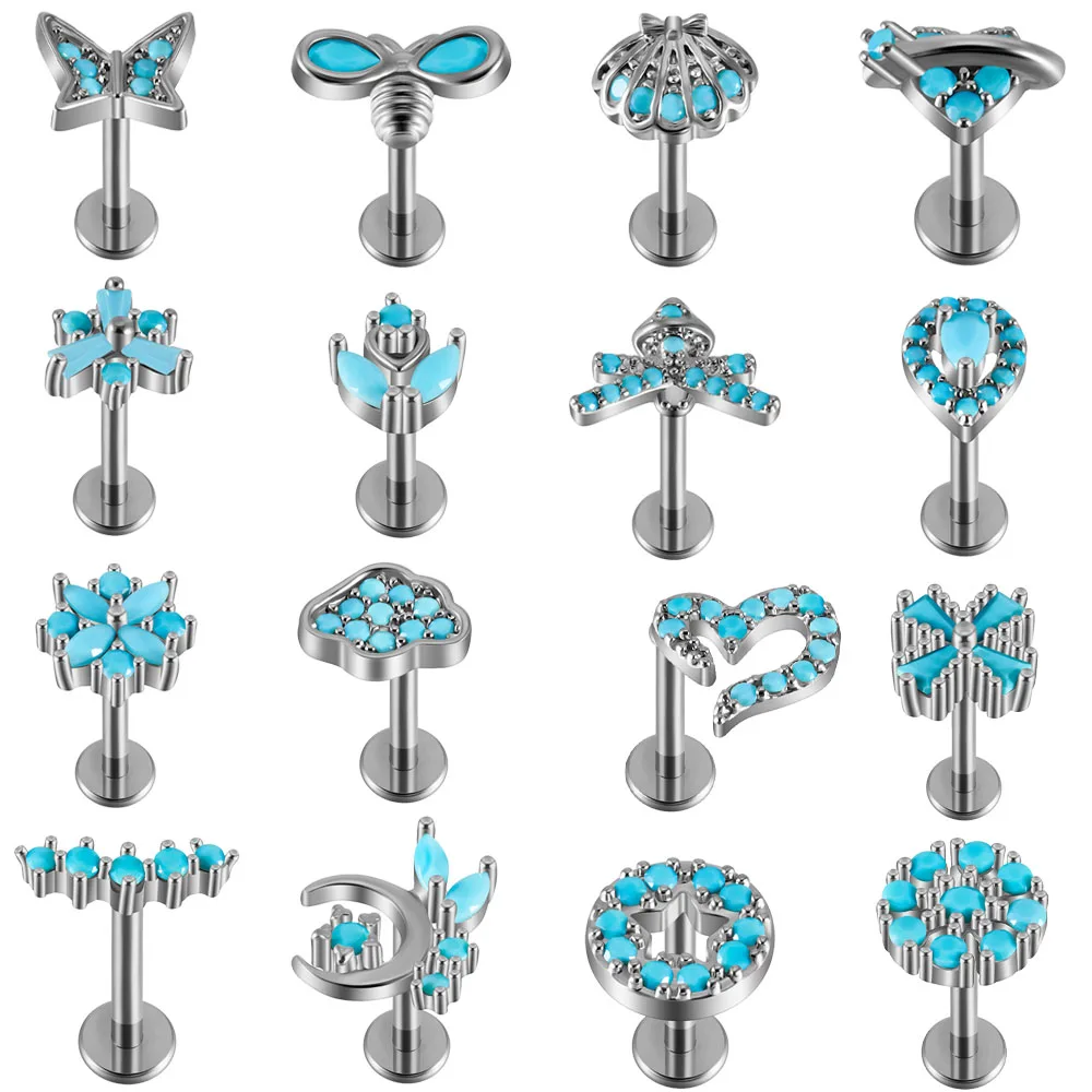 1PC Stainless Steel Blue Series Cz Labret Lip Ring Internal thread Crystal Cluster Ear Cartilage Tragus Helix Daith Piercing