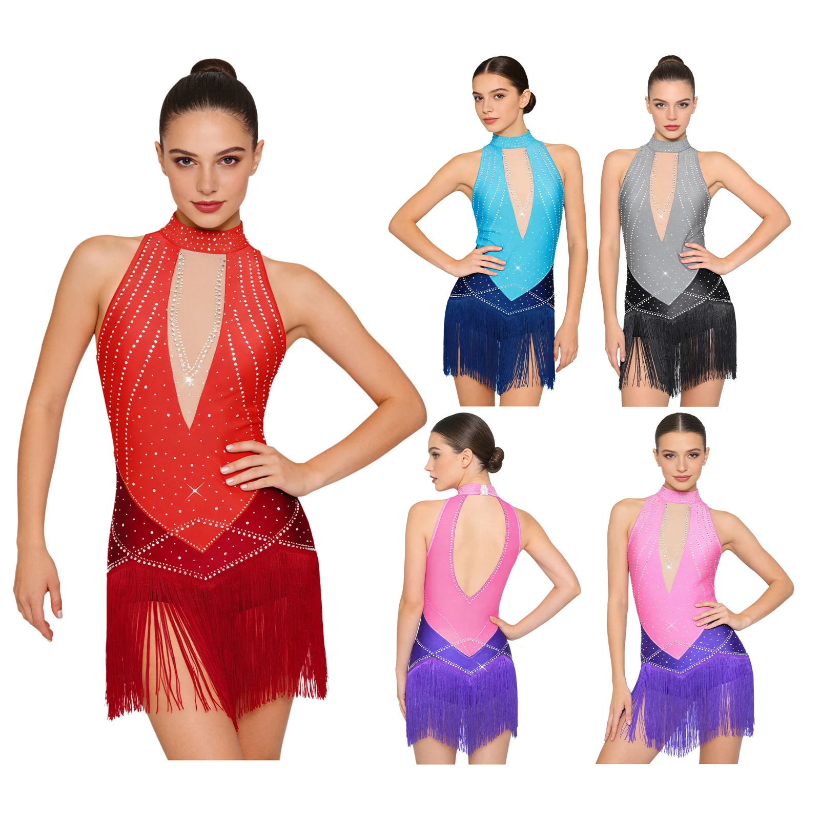 

Women Figure Skating Latin Dance Fringed Bodysuit Dress Rhinestones Sleeveless Halter Tassel Jumpsuit for Tango Rumba Salsa