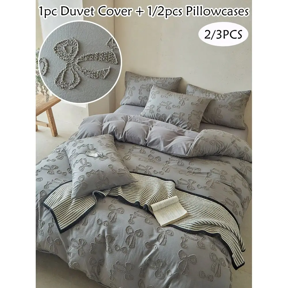 

Комплект из 3 предметов: серый жаккардовый пододеяльник в богемном стиле с бантом и вышивкой, очаровательное винтажное вышитое постельное белье, подходит для любого сезона
