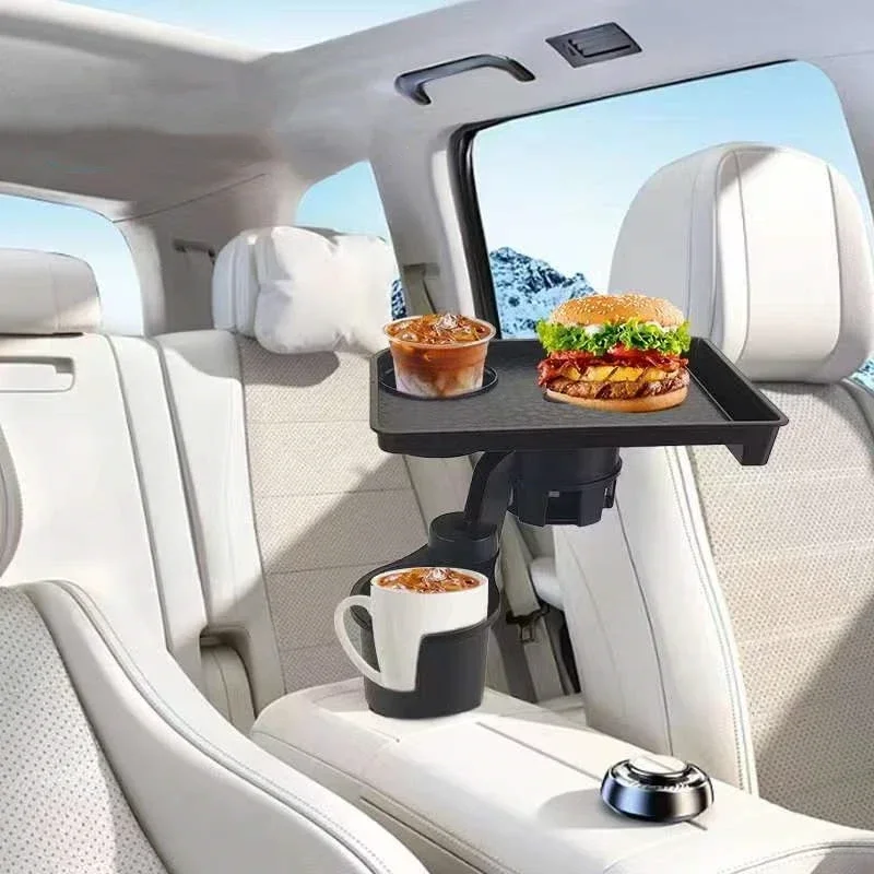 Versatile Car Cup Holder Tray - Fits All Sizes Dual Slot Design with Storage for Drinks & Snacks 360° Rotating Adjustable