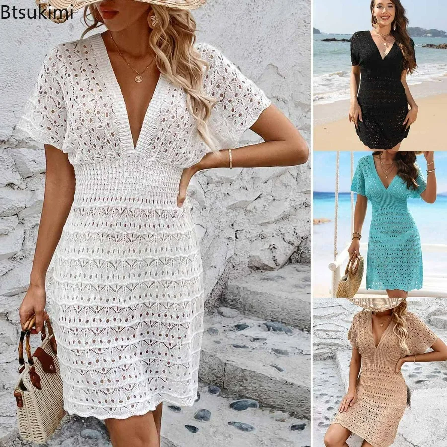 

2024 Women's Sexy Cutout Crochet Bikini Swim Cover Up Solid V-neck Short Sleeve Beach Tunic Mini Dress Summer Beachwear Dress