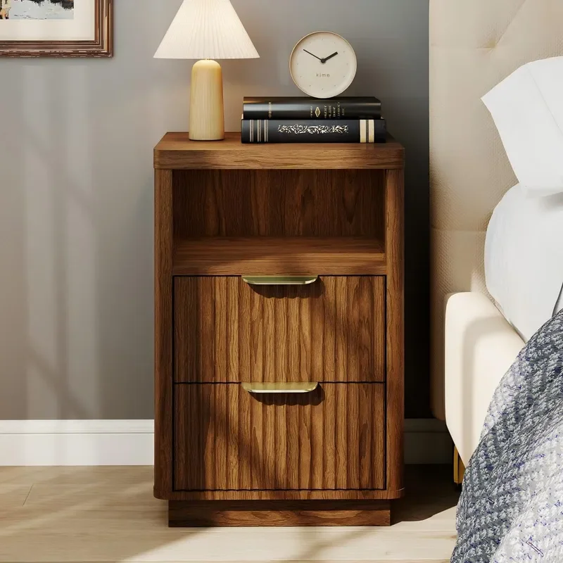 Factory Wholesale Groove Bedside Table Medieval Style Nightstand with Drawers Modern Metal Handle Side Table for Bedroom