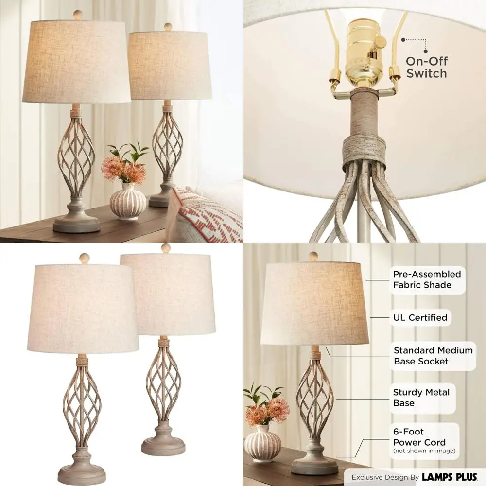 مجموعة مصابيح طاولة صناعية حديثة مكونة من قطعتين، 28 طويلة، حديد رملي متجول، غطاء طبل مدبب كريمي، مناسب لغرفة النوم