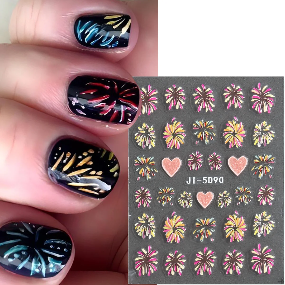 New Year Firework 3D Nail Sticker 2024 Shiny Fireworks Nail Decals Glitter Sliders for Manicure Winter Nail Art Decor LEJI-5D90