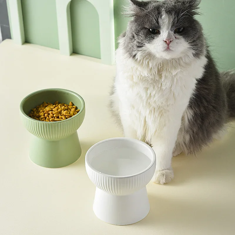 

Cute High Footed Cat Bowl Flat Mouthed Striped Ceramic Pet Bowl Protecting Cervical Spine Safety Material Dog Feeder Accessories