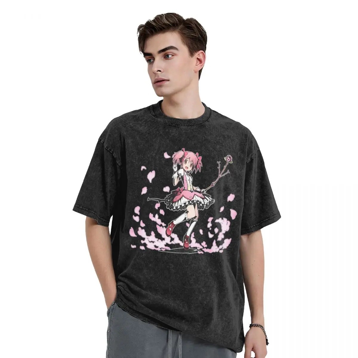 Qbey Puella Magi Madoka Magica T Shirt Hip Hop Washed Cotton Harajuku T-Shirts for Men Women Tops Streetwear Graphic Tops Tees