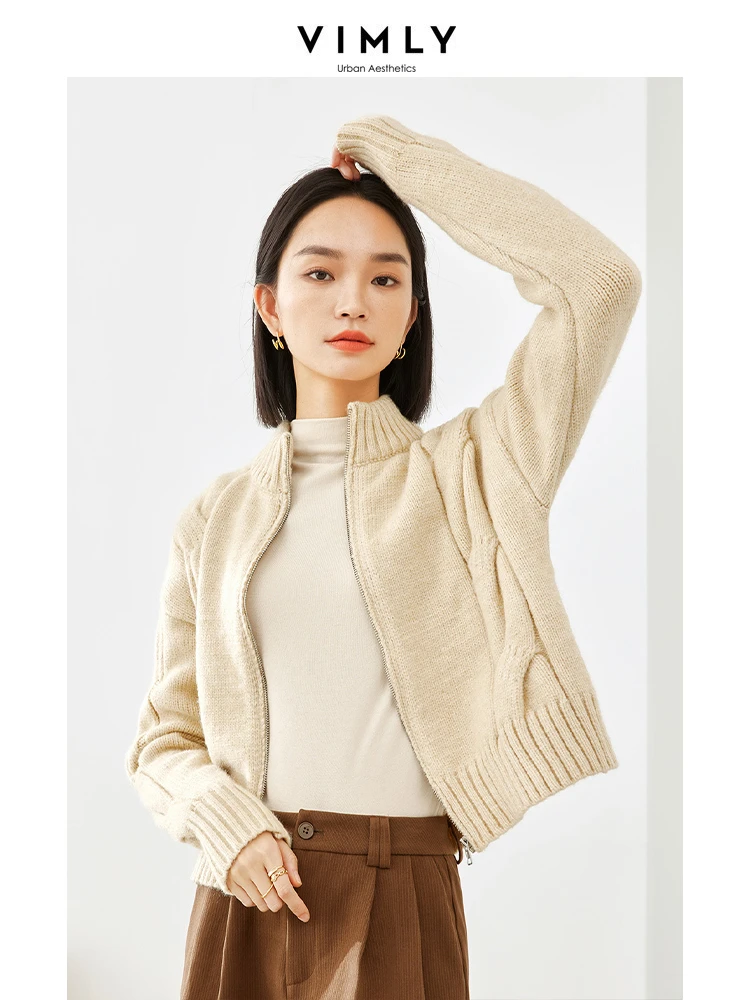 

Vimly Cropped Knitted Cardigan Stand Collar Zipper Long Sleeve Sweater Coat Female 2023 Winter Thick Warm Apricot Knitwear 16271