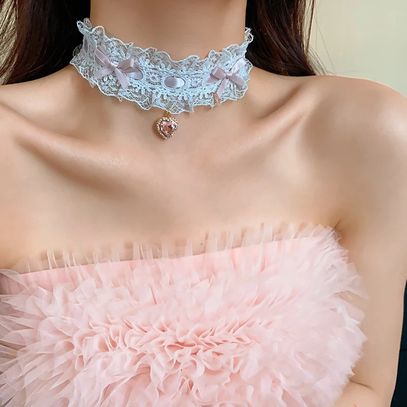 Pink And Black Bowknot Lace Mesh Rhinestones Eternal Flower Imitation Pearl Chokers Necklaces Women New Collarbone Jewelry K-