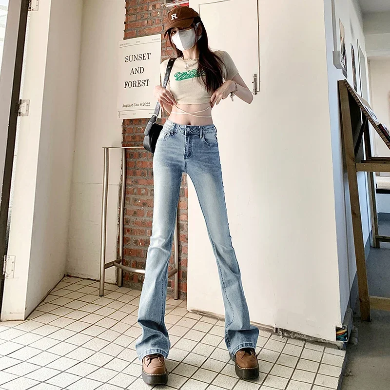 

New Arrival Youthful Woman Clothing Korean Fashion Women's Jeans High Waist Slimming Light Blue Micro Flare Jeans