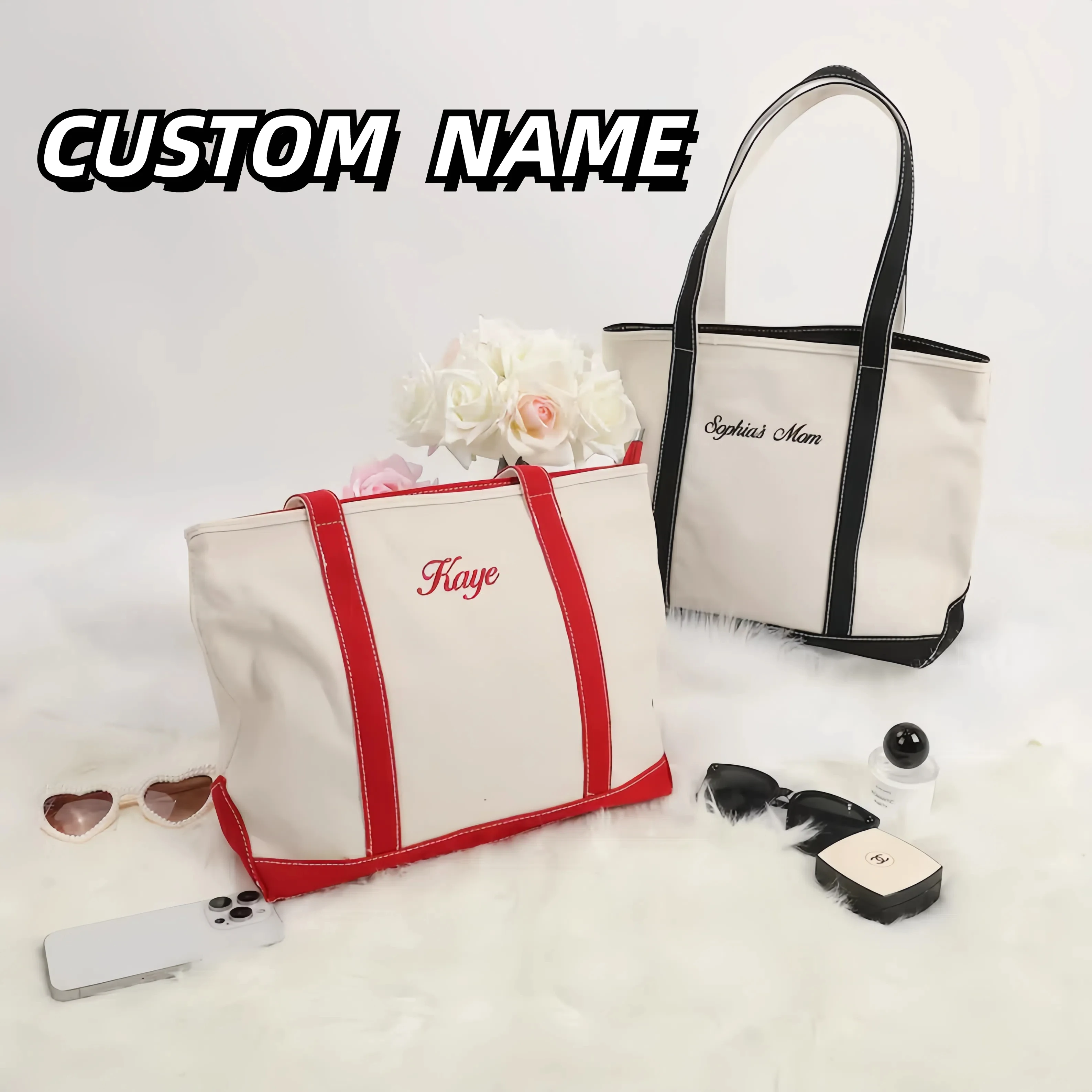 Personalization Canvas Bag Custom Name Shopper Shoulder Embroidered Big Sewing Carrying Bag Student Class Female Grocery Travel