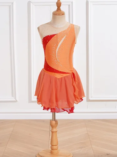 Imagen 2 del producto Vestido de patinaje artístico para niñas, traje de gimnasia y Ballet de danza lírica, sin mangas, con diamantes de imitación brillantes, leotardo de malla transparente, tutú