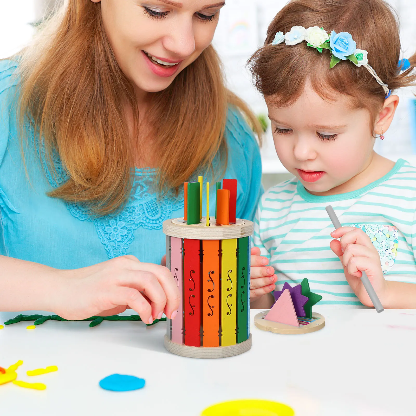 1Set Baby Color Sorting Cup Wooden Montessori Toddler Playroom Essential Color Classification Activity Fine Motor Skills