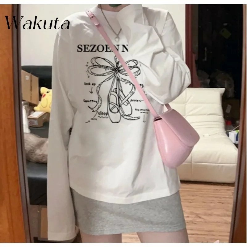 WAKUTA Japanese Classic Round Neck Long Sleeve Autumn Jumpers Niche Casual Inner Sweaters Design Loose Bottom Pullover 여성 반팔 니트