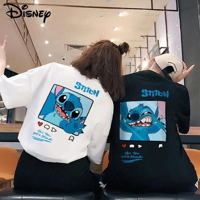 Disney Cute Cartoon Stitch Casual T-shirts With Short Sleeve Women Men Loose Tops Couple Design Summer Fashion Clothes