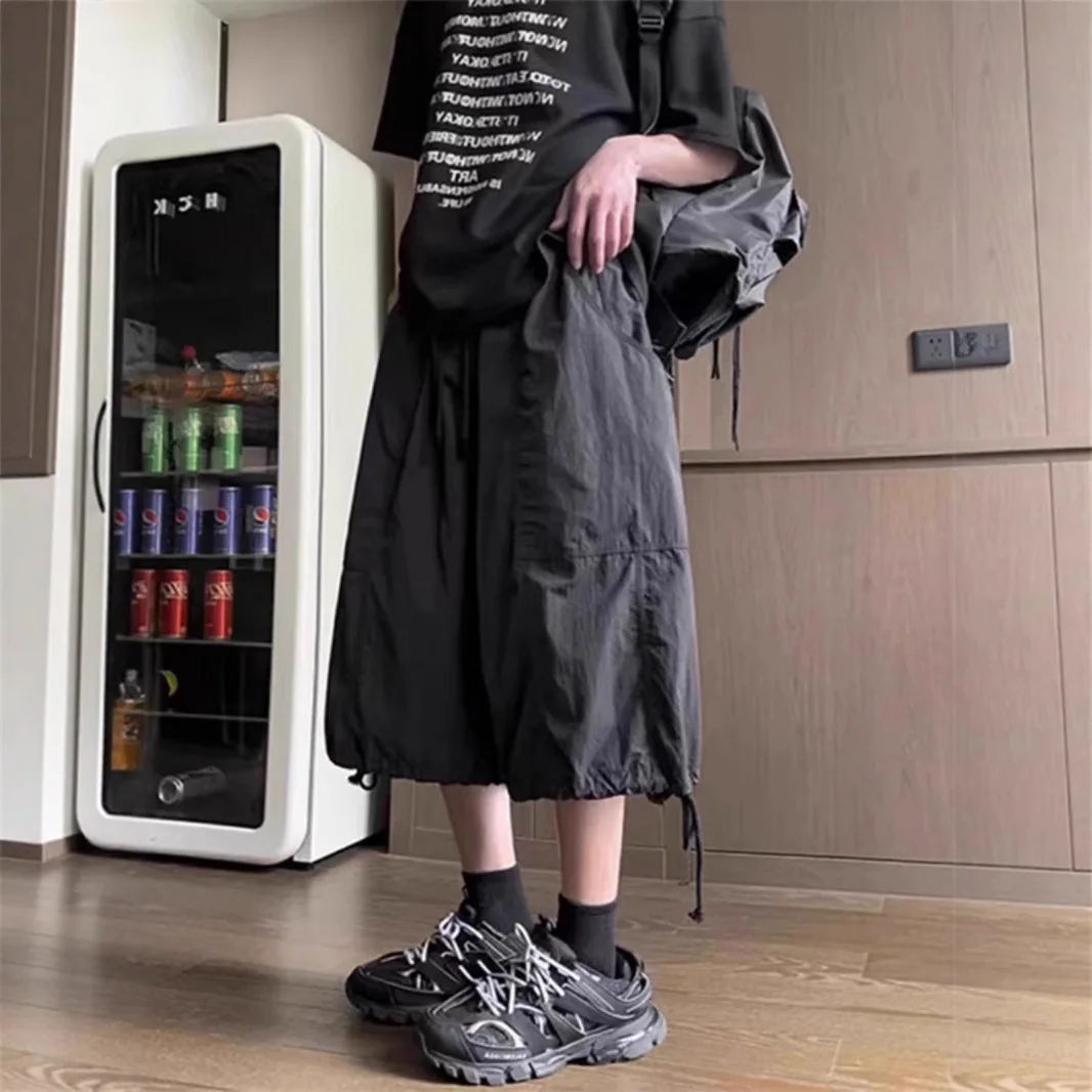 Dark Seven-point Pants Men's 2026 Summer Ice Silk Quick-drying Overalls American Functional Wide-leg Shorts