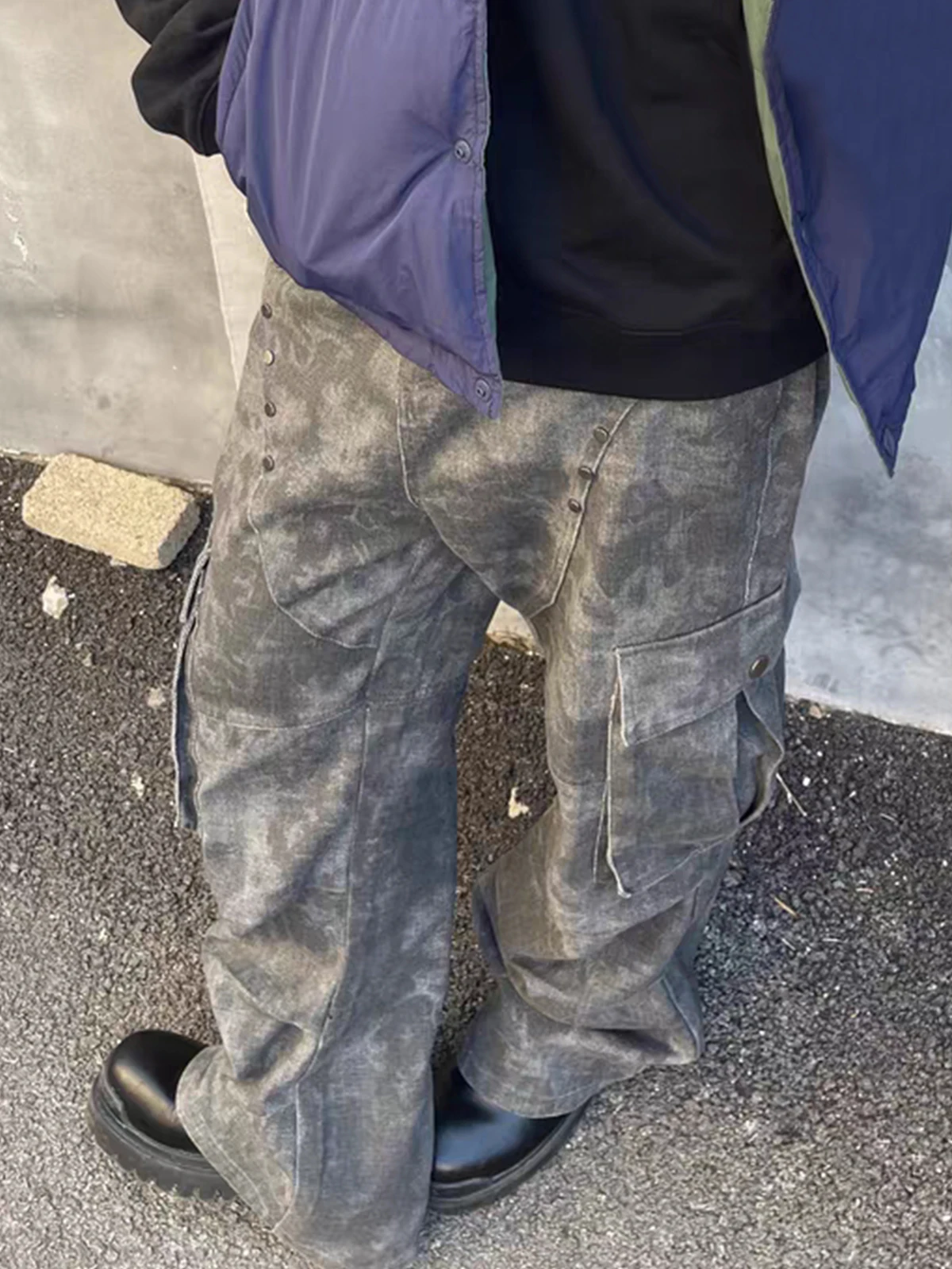 

American Street Sle Micro Flare Jeans Men Spring Autumn Casual High Street Loose Workwear Pants Vintage Rivet Detailing