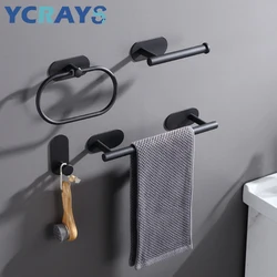 YCRAYS No Drilling Black Bathroom Accessories Sets Toilet Tissue Roll Paper Holder Towel Rack Bar Rail Ring Robe Hook Hardware