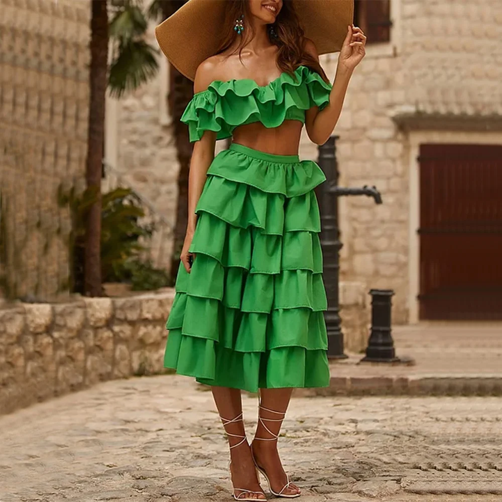 2023 Vintage Off Shoulder Ruffle Solid Color Green Bikini Holiday Beach Skirt Designer Bathing Suit Women