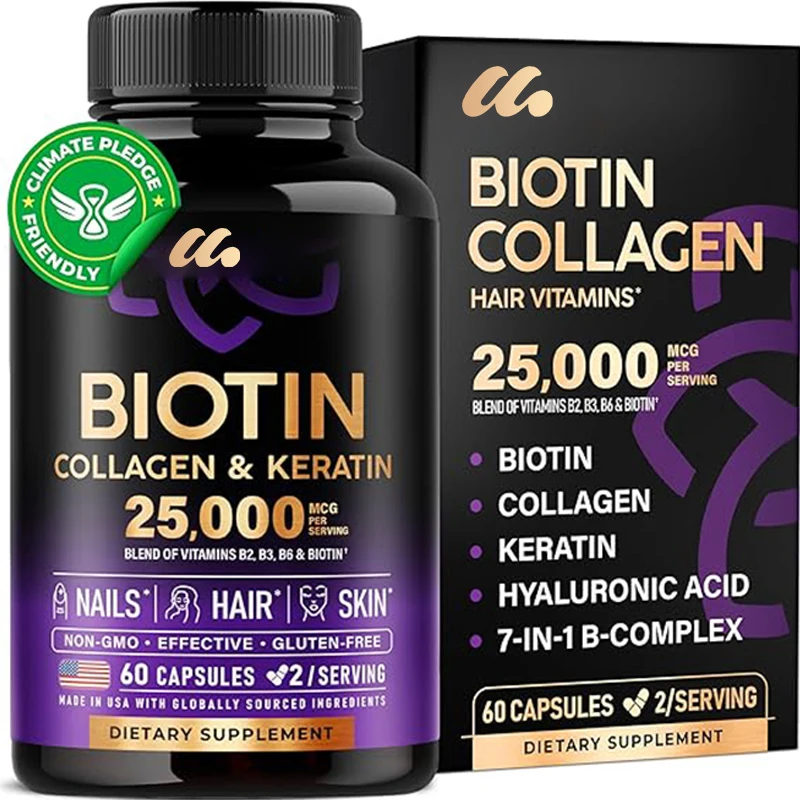 Biotin | Collagen | Keratin | Hyaluronic Acid - Hair Growth Support Supplement - Suitable for Both Men and Women | 60 Capsules