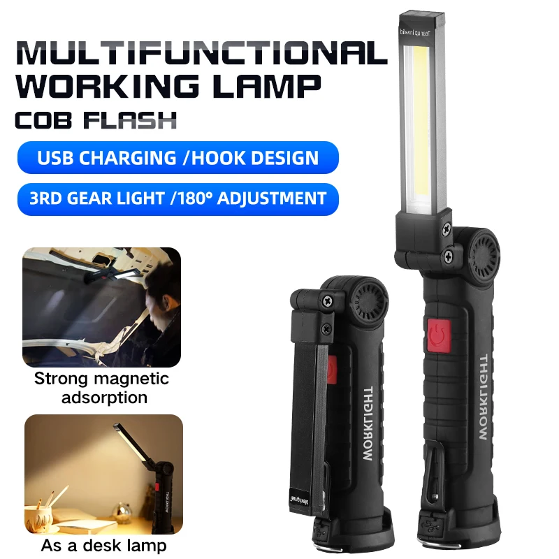 Portable COB LED Flashlight USB Rechargeable Work Light Magnetic Lanterna Hanging Lamp with Built-in Battery Camping Torch