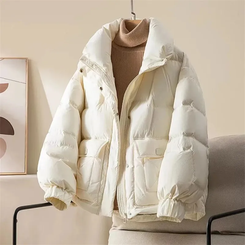 2024 Winter New Fashion Cotton-padded Jacket Korean Loose Stand Collar Thicken Warm Parkas Coat Women Clothes Black Outerwears