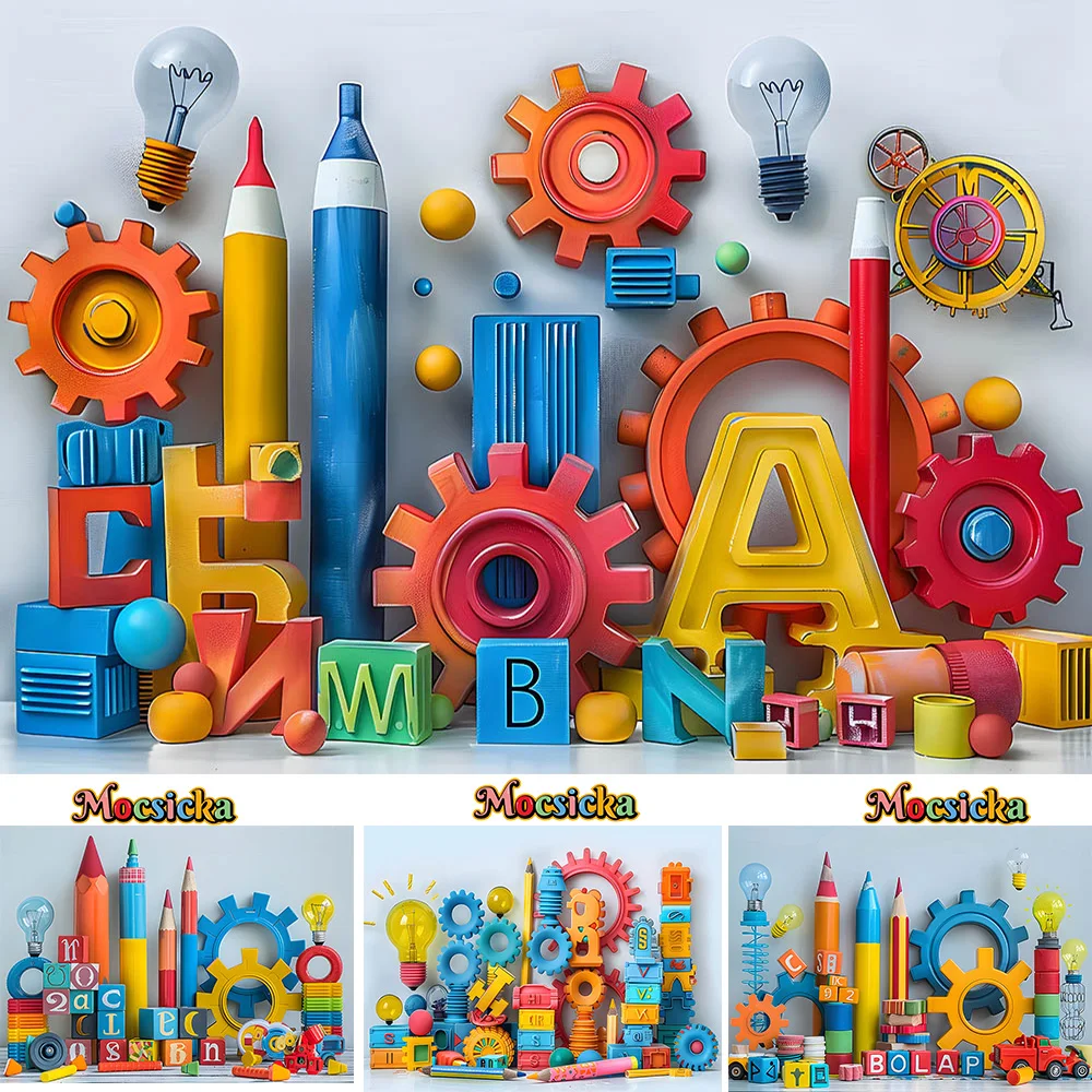 Kids Birthday Cake Smash Background Photo Building Blocks Gear Decor Backdrop Booth Back to School Graduation Party Photobooth