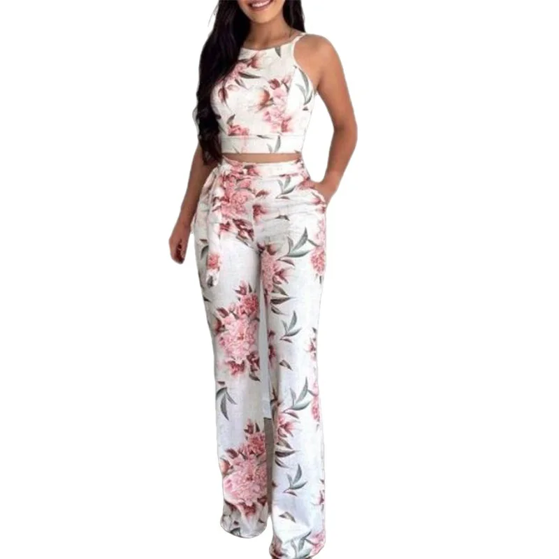 Conjunto de dos piezas de verano para mujer, chaleco sin mangas con estampado corto, pantalones de pierna ancha de cintura alta, conjunto de dos