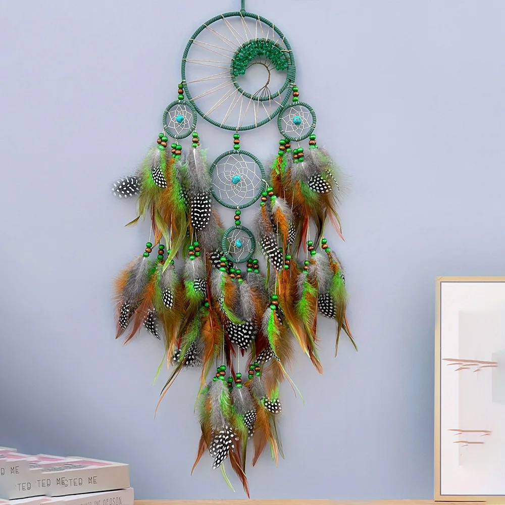 Bohemian Green Crystal Dream Catcher, High-End Life Tree Hanging Ornament with Colorful Feathers and Wind Chime Wall Decor