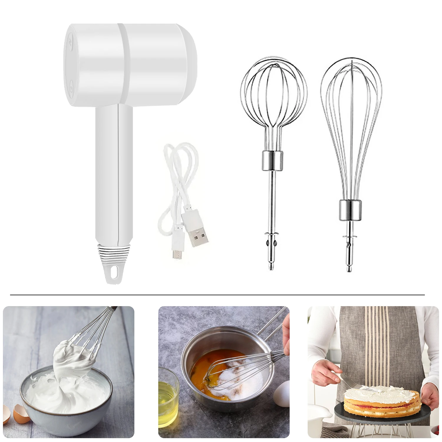 Wireless Electric Mixer, Battery-Powered, Cream Frother, Handheld Egg Beater, Portable Egg Beater with USB Charging, White