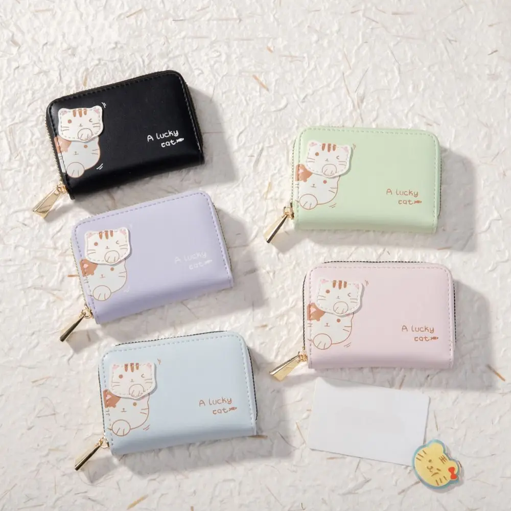 

Solid Color Cute Tri-Fold Purses Multi-card Slot PU Leather Cat Short Wallet Card Pocket Korean Style Women Card Holder Women