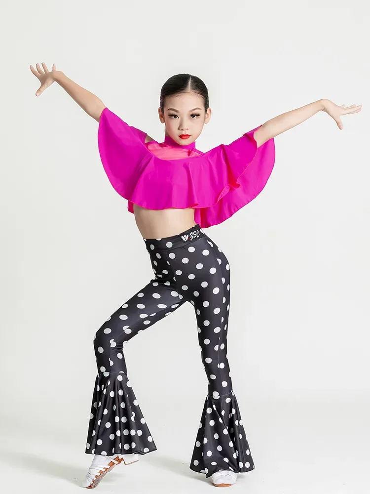 Kids Chacha Party Dancing Clothes Ruffled Top Flared Pants For Girls Ballroom Dance Competition Costume Practice Dresses