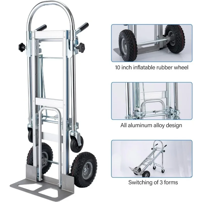 Caminhão de mão conversível de alumínio, Heavy Duty, 3 em 1 mão Dolly, 770lbs capacidade