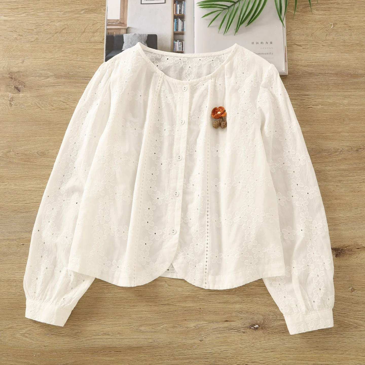 

Japanese mori girl autumn lace floral embroider hollow out shirts and blouses for women 100% cotton long sleeve tops