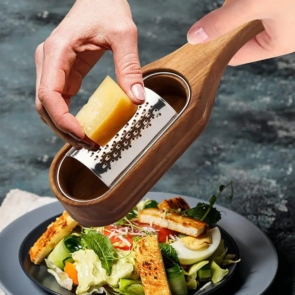 Stainless Steel Cutting Board Cheese Grater Box Long Handle Wood Grater Removable Acacia Wood Collector Shredder Cheese Tool