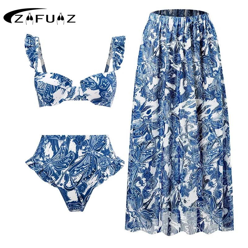 ZAFUAZ Blue Printed Sling Swimsuit Pleated Straps Retro High Waist Micro Bikini 2024 Two Piece Swimwear Female Push Up Beachwear