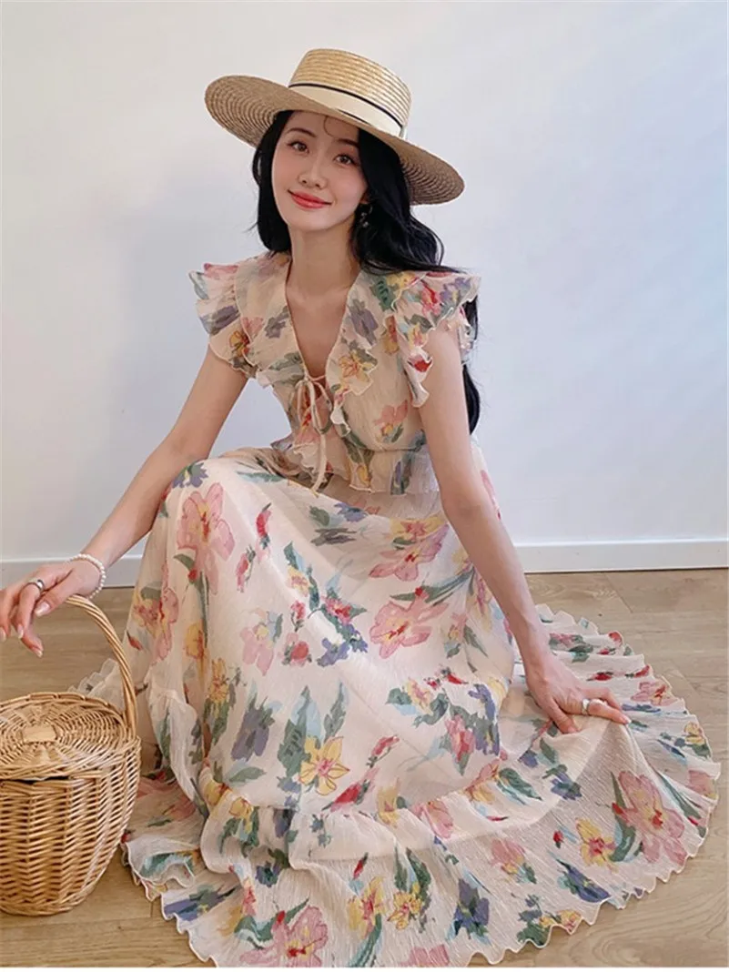 Summer Chiffon Women New Sweet Printed Elegant Long Dress High Waist  Temperament Sleeveless Fashion Thin Vacation Vestidos