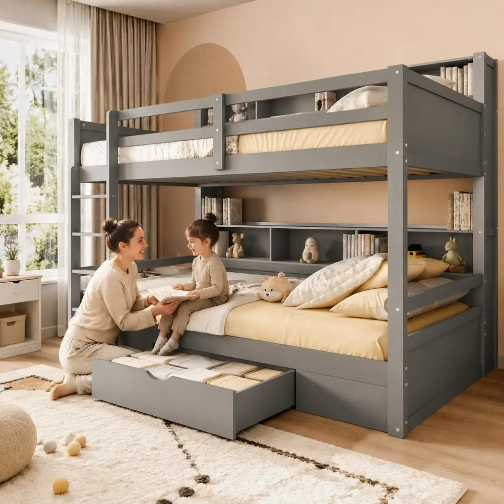 Massivholz-Etagenbett mit Schubladen und Stauraum, Kiefernholz und MDF-Konstruktion, 90x200 cm, Grau, Twin-Size, für Kinderzimmer, Schlafzimmer, platzsparend, modernes Design