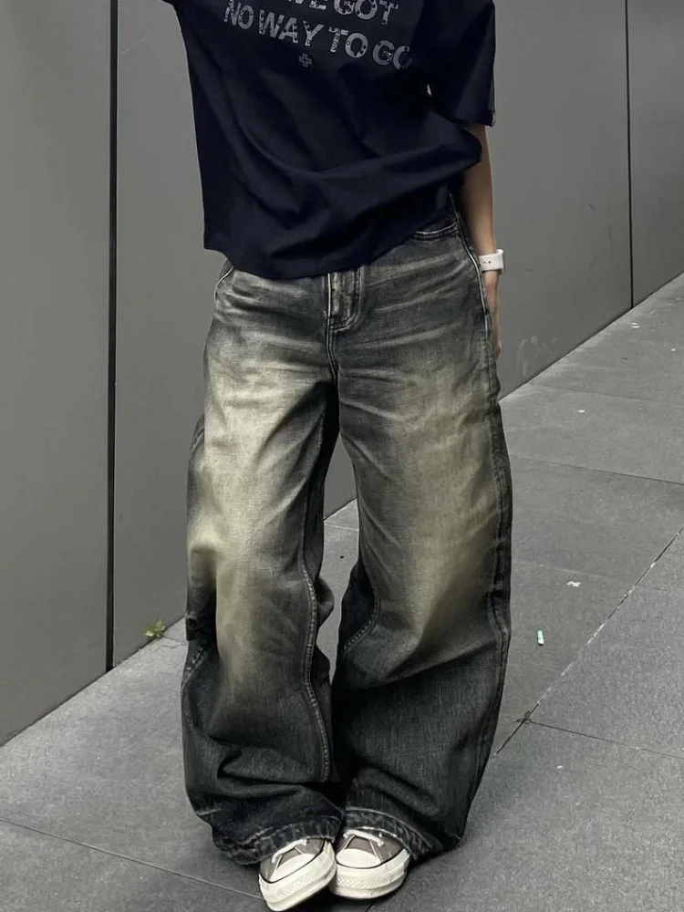 

Spring Women American Vintage Washed Distressed Whisker Jeans Streetwear Straight Loose Slim Fit Wide Leg Draping Denim Pants