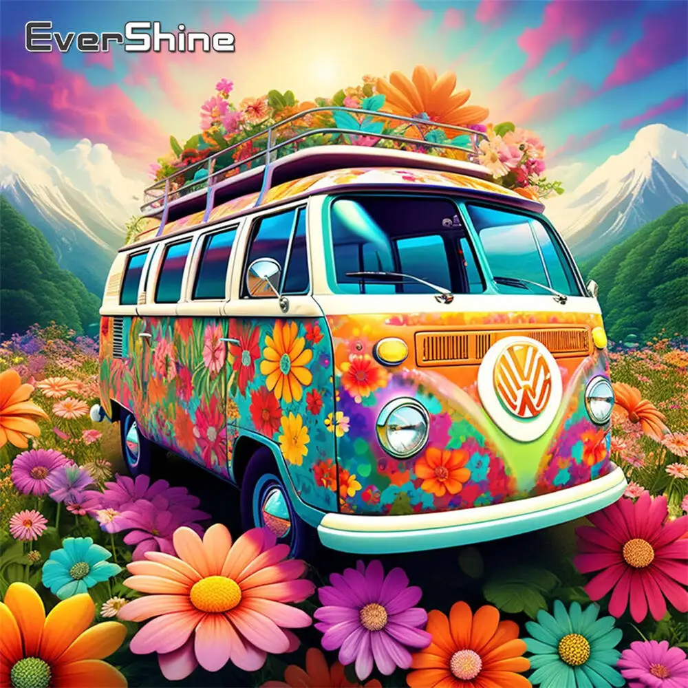 Evershine Diamond Embroidery Bus Landscape Painting Flower Picture Of Rhinestones DIY Diamond Mosaic Decor For Home