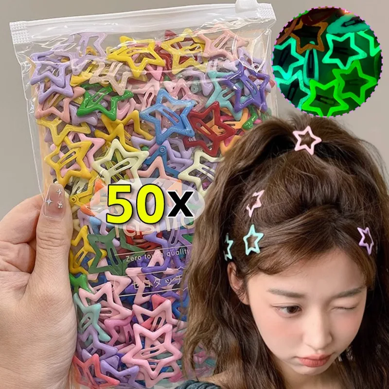 

10-100Pcs Colorful Glow in The Dark Star Heart Hairpin BB Snap Clips Luminous Barrettes Girls Hair Grip Kid Headdress Accessorie