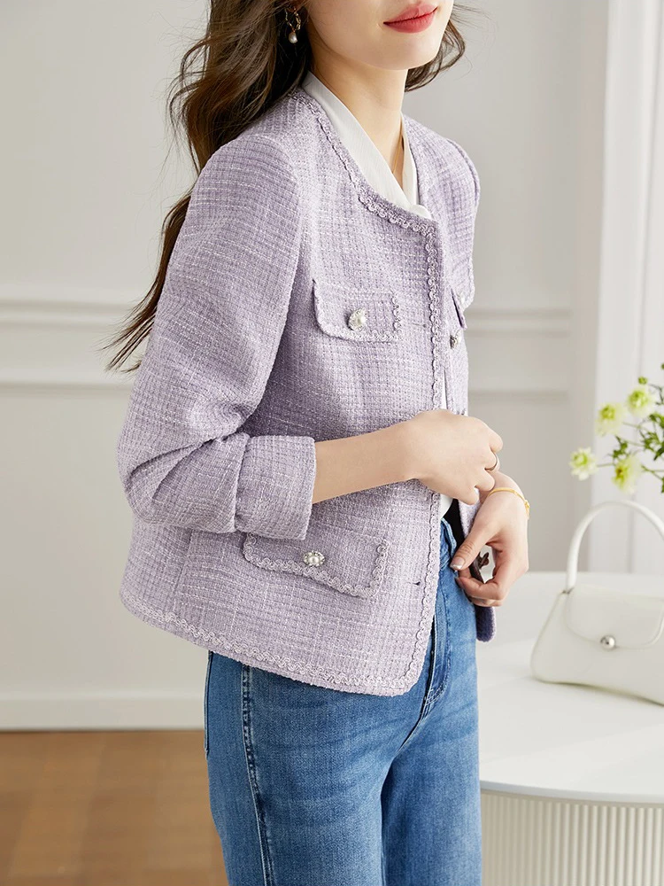 CJFHJE Women\'s Purple Casual Tweed Short Coat  Autumn New Korean Fashion Office Lady Commuting Round Neck Top New Female Jacket