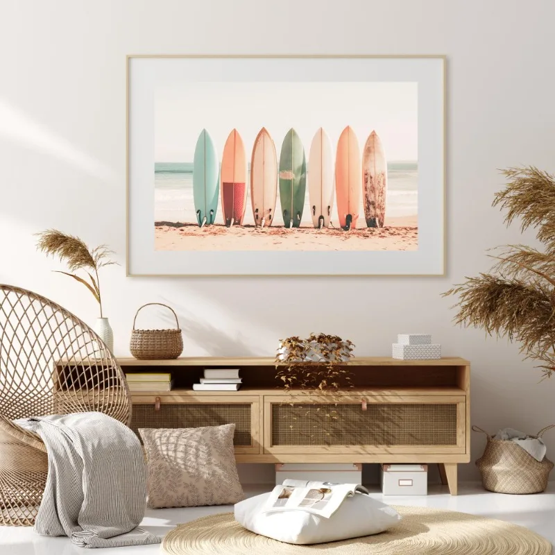 Pastel Coastal Canvas Print Tropical Beach Ocean Landscape Wall Art Palm Tree Surfboard Photography Poster Living Room Decor