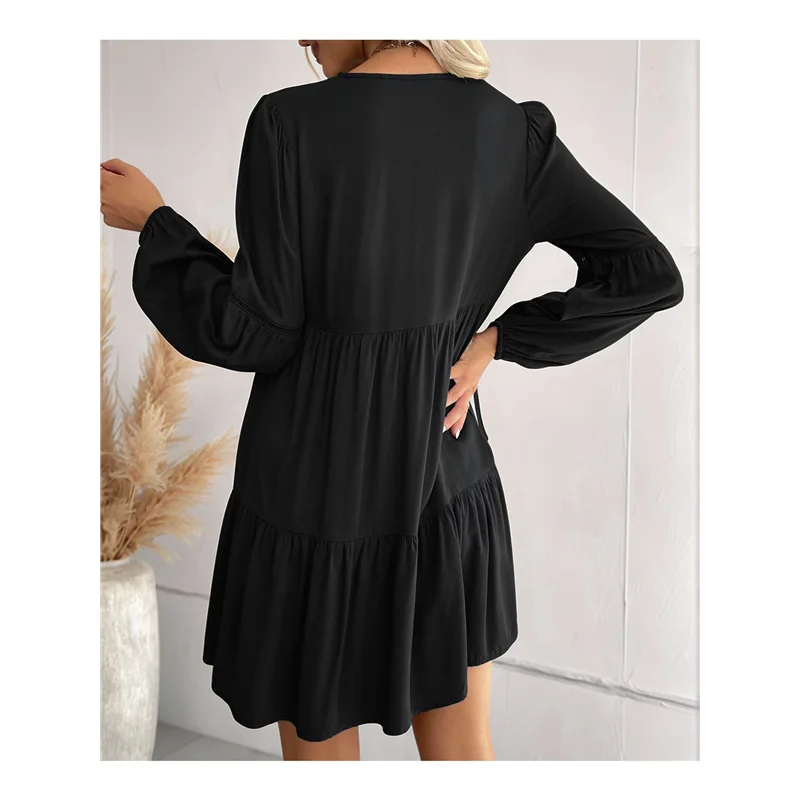 ABRT-Vestidos curtos de manga comprida para mulheres com decote em V outono casual solto ajuste flowy balanço em camadas vestido boho de férias
