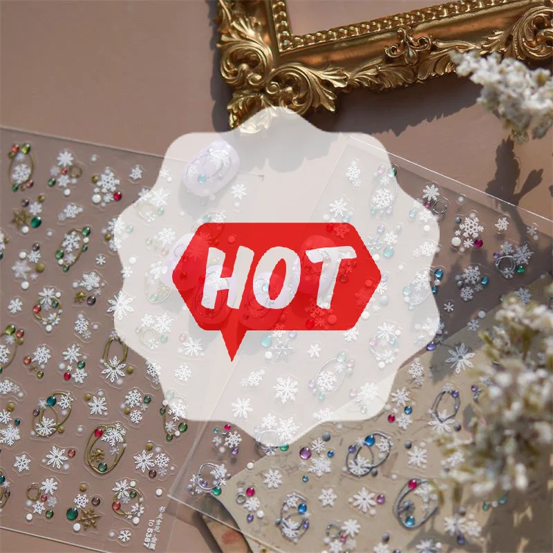 Deliziosi adesivi festivi per nail art con fiocchi di neve a pois, adesivi rialzati con stampa per unghie femminili, decorazioni per unghie per feste