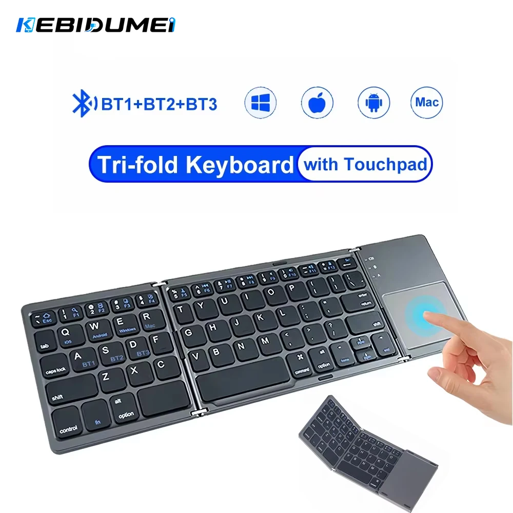 KEBIDUMEI: Teclado Bluetooth com Touchpad, Teclado Tri-Fold, Mini Teclado, Teclado Recarregável para PC, Windows e Android.