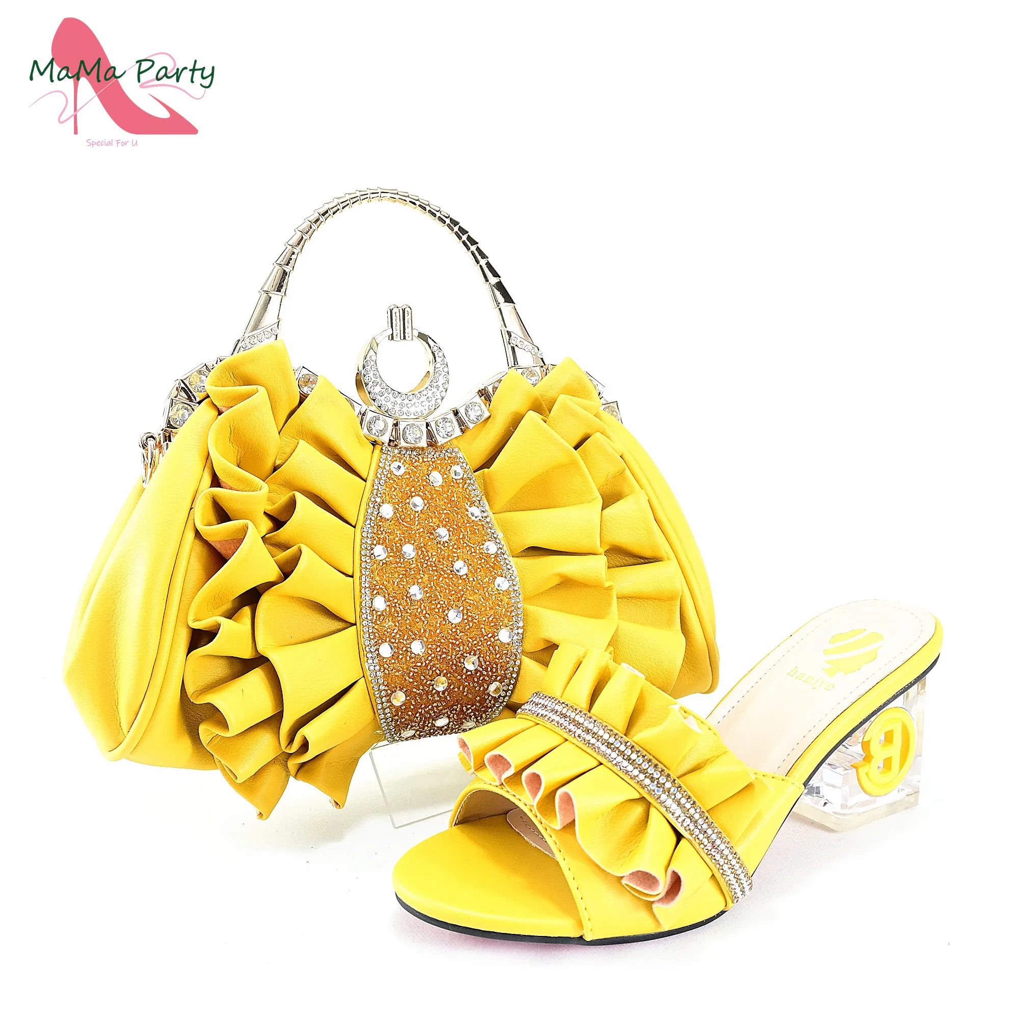 2024 Square Heels New Design Peep Toe Italian Wedding Shoes and Bag Set in Yellow Color Fashion African Slipper For Party