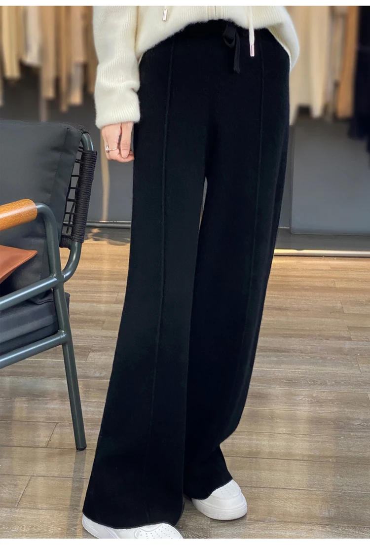 Wool Knitted Wide Leg Pants for Women in Autumn and Winter, with a Draping Feel and Straight Tube Wool Casual Woolen Pants