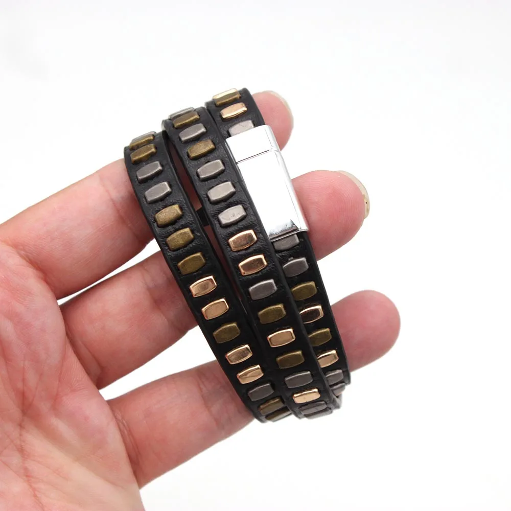 New Multilayer Punk Style Men Studded Leather Bracelet Unisex Gothic Rivet Wristband Rock Wide Strap Cuff Bracelet