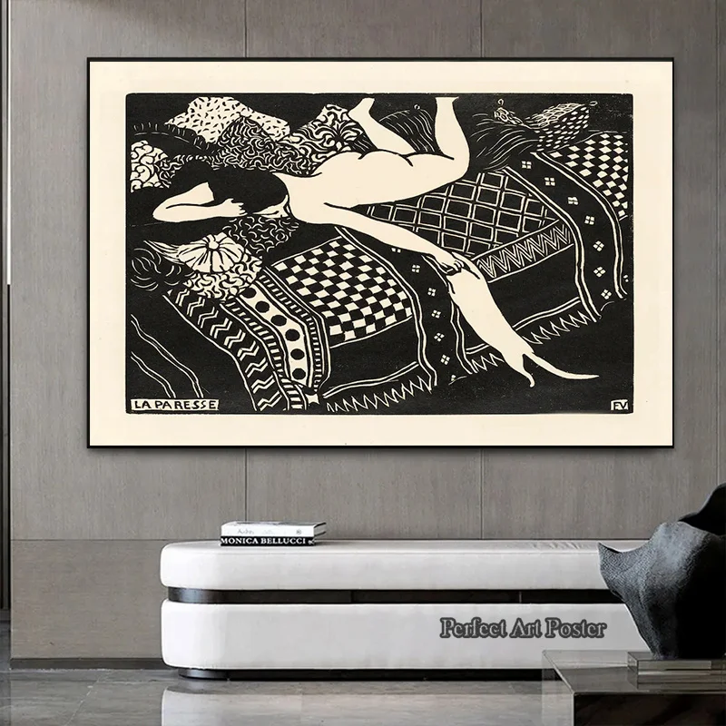 Wall Art Vintage Poster Print La Paresse Felix Vallotton Laziness Black and White Woman Cat Antique French canvas painting